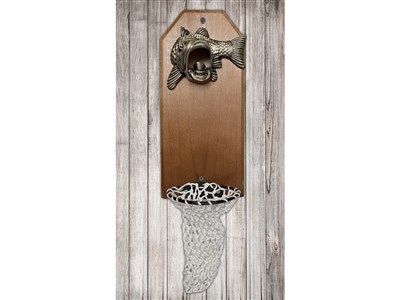 Largemouth Bass Wall Mount Bottle Opener On Real 11" Wood Board With Fishing Net Bottle Cap Catcher