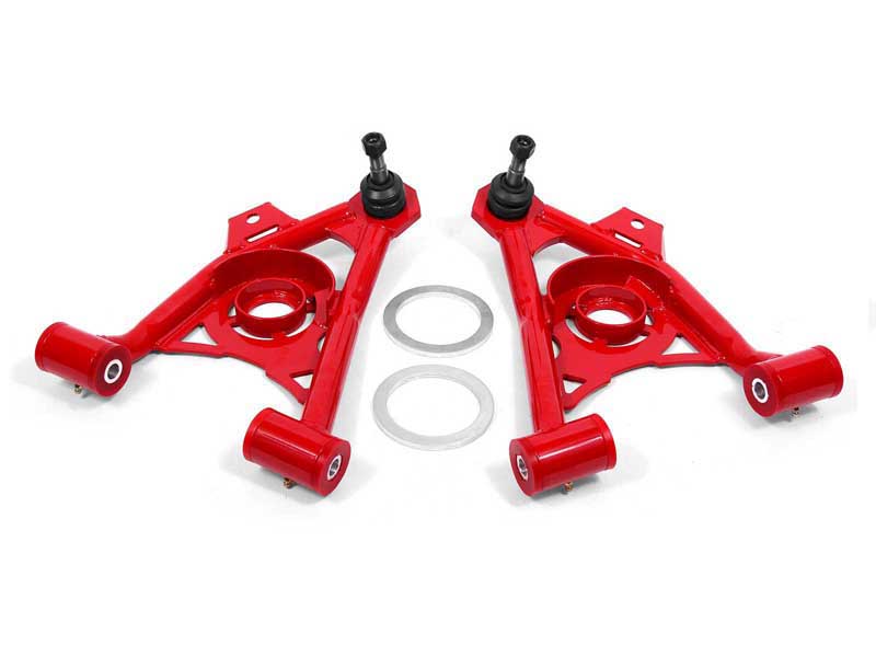 BMR AA043R Lower A-Arms, Spring Pocket, Non-Adj W/Poly, Tall Ball Joint, Red for 1994-2004 Mustang