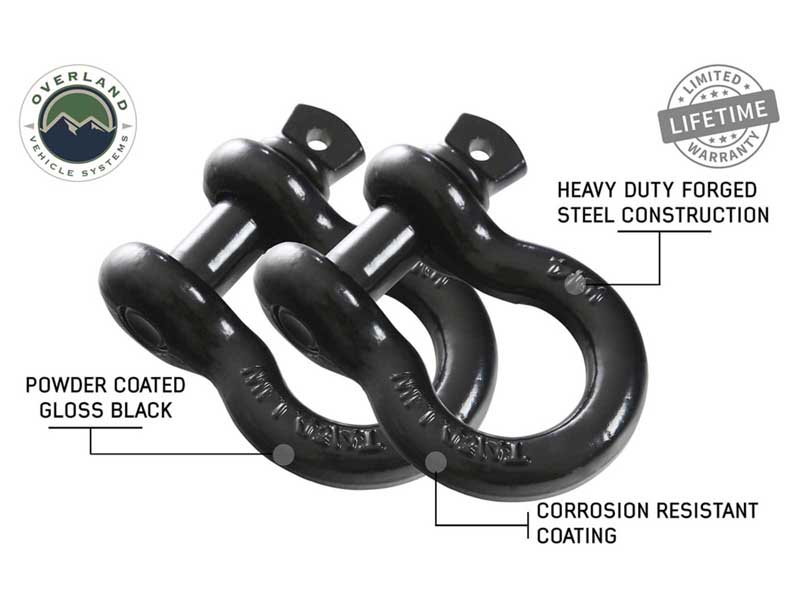Overland Vehicle Systems 19010201 Recovery Shackle 3/4 4.75 Ton Black Sold In Pairs