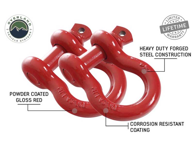 Overland Vehicle Systems 19010204 Recovery Shackle 3/4 Inch 4.75 Ton Red Sold In Pair