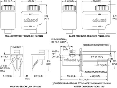Wilwood 260-10376 Short Remote Master Cylinder Kit 1-1/8" Bore