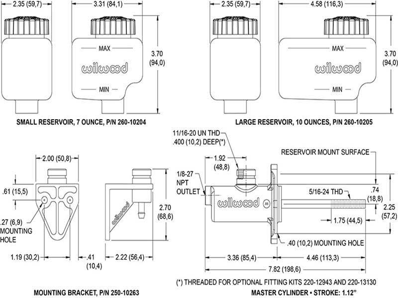 Wilwood 260-10376 Short Remote Master Cylinder Kit 1-1/8" Bore
