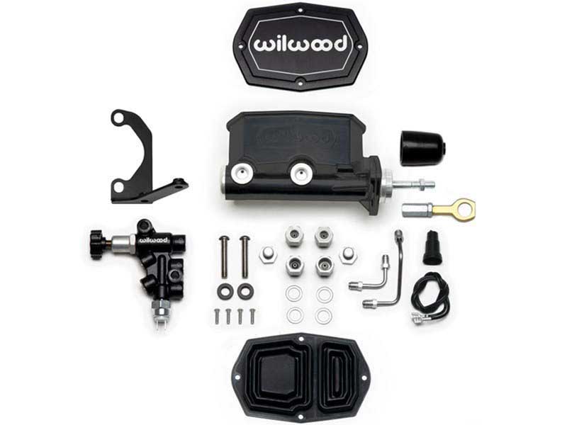 Wilwood 261-15666-BK Compact Tandem Master Cylinder W/Bracket, Pushrod & Valve, 1.12" Black, Mustan