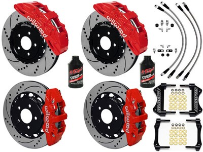 Wilwood SX6R 15" Front & AERO4 Rear Brakes, Red, Drilled, Brake Lines, Fluid 2016-up Camaro SS