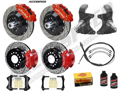Wilwood SL6R 13" Front & D154 12" Rear Brake Kit WITH Drop Spindles Red Drilled 1964-1974 GM A/F/X
