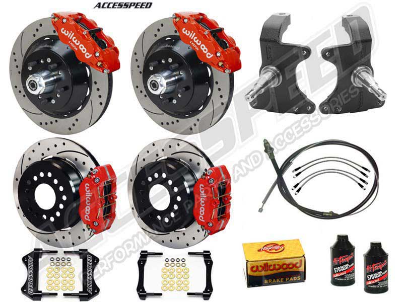 Wilwood SL6R 14" Front & DPR 11" Rear Brake Kit W/2" Drop Spindle, Red, Drilled, 1964-1974 GM A/F/X