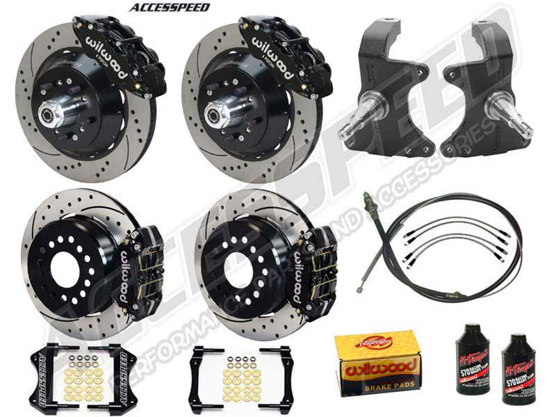Wilwood SL6R 14" Front & DPR 11" Rear Brake Kit W/2" Drop Spindle, Black Drilled, 1964-1974 GM A/F/X