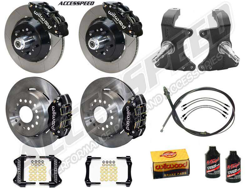 Wilwood SL6R 14" Front & DPR 11" Rear Brake Kit W/2" Drop Spindle, Black Slotted, 1964-1974 GM A/F/X