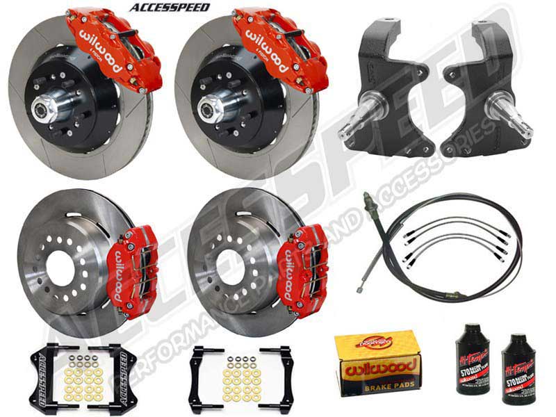 Wilwood SL6R 14" Front & FDL 12" Rear Brake Kit W/2" Drop Spindle, Red, Slotted, 1964-1974 GM A/F/X