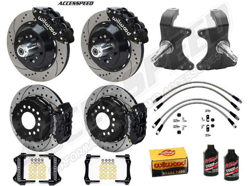 Wilwood SL6R 14" Front & FDL 12" Rear Brake Kit W/2" Drop Spindle, Black Drilled, 1964-1974 GM A/F/X