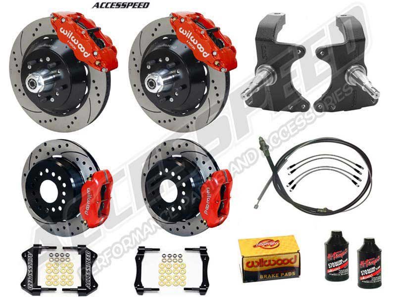 Wilwood SL6R 14" Front & FDL 12" Rear Brake Kit W/2" Drop Spindle, Red, Drilled, 1964-1974 GM A/F/X