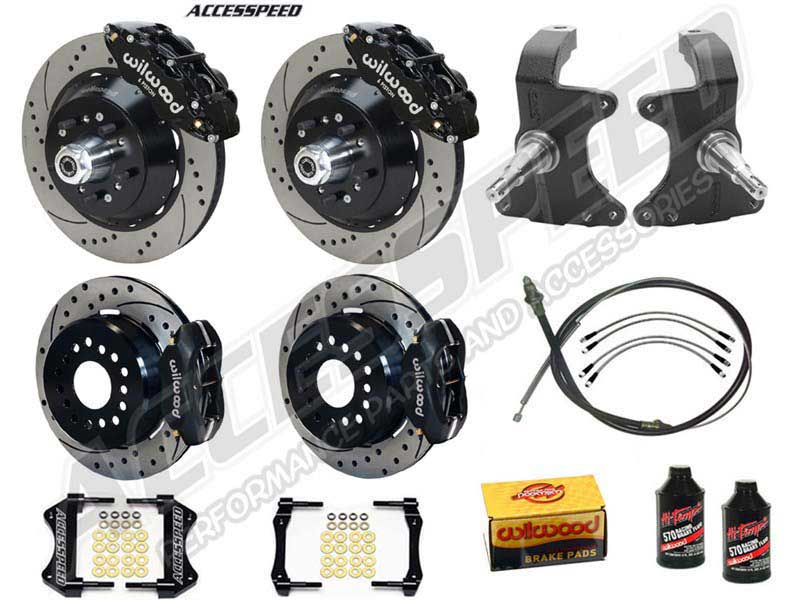 Wilwood SL6R 14" Front & FDL 12" Rear Brake Kit W/2" Drop Spindle, Black Drilled, 1964-1974 GM A/F/X
