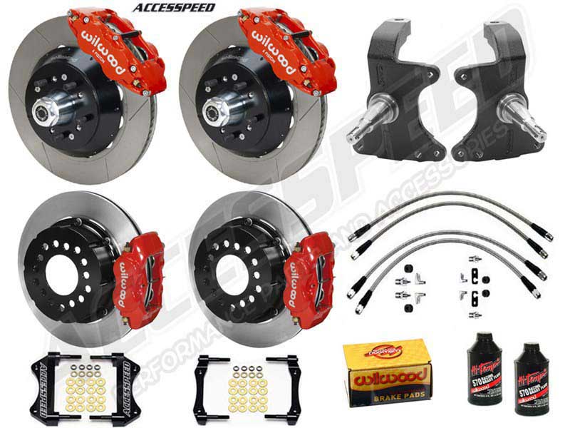Wilwood SL6R 14" Front & FDL 12" Rear Brake Kit W/2" Drop Spindle, Red, Slotted, 1964-1974 GM A/F/X