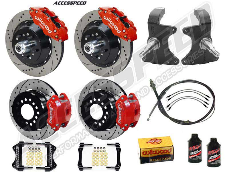 Wilwood SL6R 14" Front & D154 12" Rear Brake Kit W/2" Drop Spindle, Red, Drilled, 1964-1974 GM A/F/X