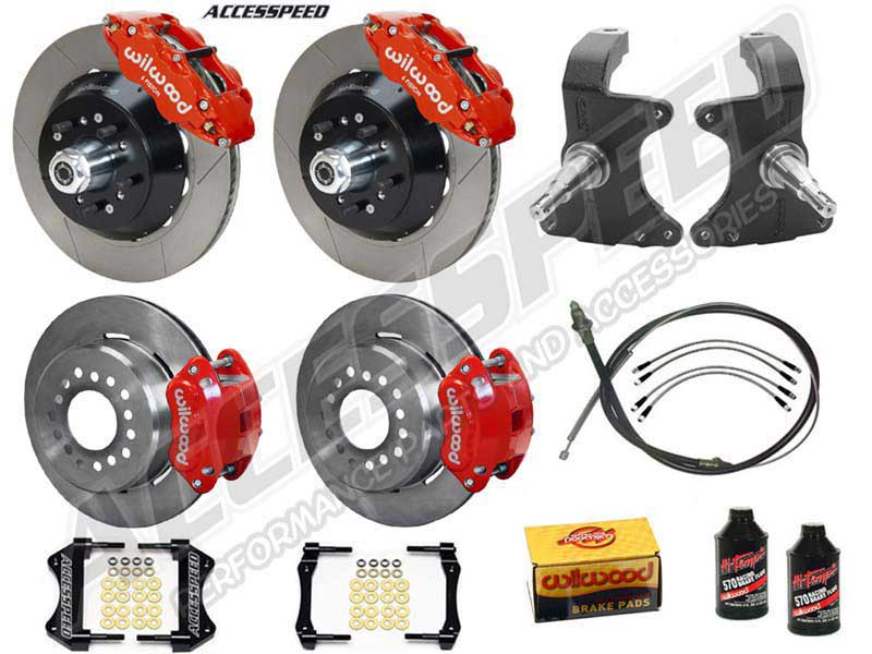 Wilwood SL6R 14" Front & D154 12" Rear Brake Kit W/2" Drop Spindle, Red, Slotted, 1964-1974 GM A/F/X
