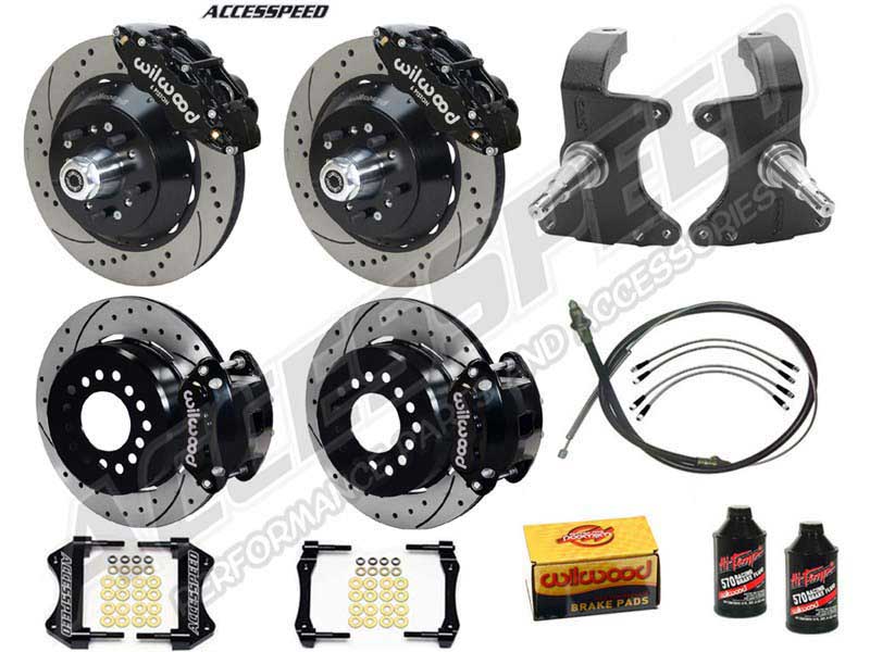 Wilwood SL6R 14" Front & D154 12" Rear Brake Kit W/2" Drop Spindle Black Drilled, 1964-1974 GM A/F/X