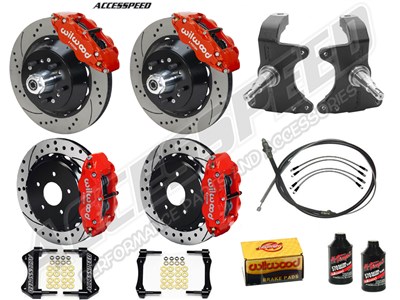 Wilwood SL6R 14" Front & 13" Rear Big Brake Kit W/2" Drop Spindle, Red, Drilled, 1964-1974 GM A/F/X