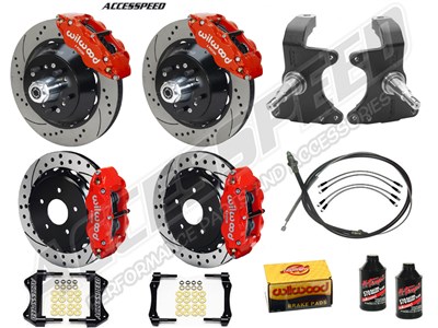 Wilwood SL6R 14" Front & 13" Rear Big Brake Kit W/2" Drop Spindle Red Drilled, 1964-1974 GM A/F/X