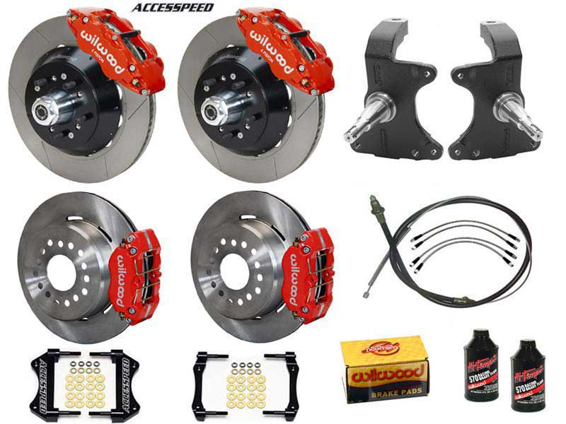 Wilwood SL6R 13" Front & DPR 11" Rear Brake Kit W/2" Drop Spindle, Red, Slotted, 1964-1974 GM A/F/X