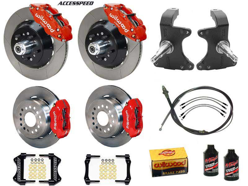 Wilwood SL6R 13" Front & FDL 12" Rear Brake Kit W/2" Drop Spindle, Red Slotted, 1964-1974 GM A/F/X