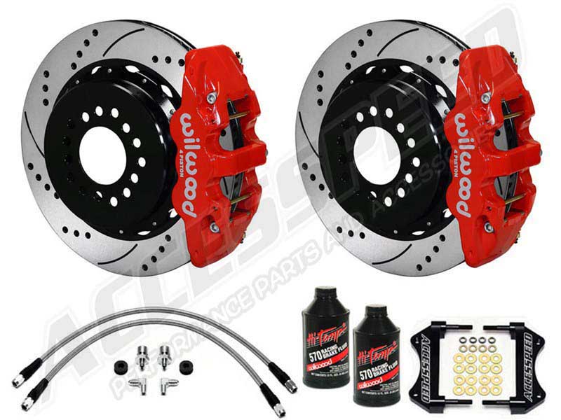 Wilwood AERO4 Rear 14" Big Brake Kit, Red, Drilled & Slotted, Brake Lines & Fluid 2005-2014 Mustang