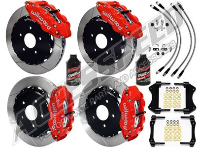 Wilwood Forged SL6R 14" Front & SL4R 13" Rear Brake Kit, Red Slotted Brake Lines 2005-2014 Mustang