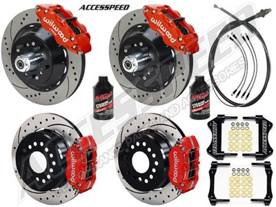 Wilwood SL6R 13" Front DP 12" Rear Brakes, Red, Drilled, Lines, Fluid, 2.66" O/S, 1965-1967 Mustang