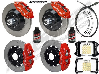 Wilwood SL6R Front & AERO4 Rear 14" Brakes, Red, Slotted, Lines, Fluid, 2.66" O/S, 1965-1967 Mustang