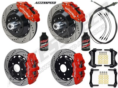 Wilwood SL6R Front & AERO4 Rear 14" Brakes, Red, Drilled, Lines, Fluid, 2.66" O/S, 1965-1967 Mustang