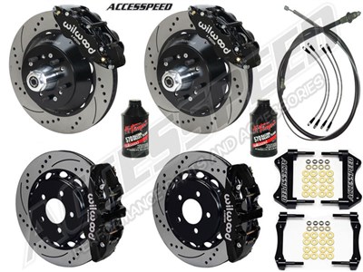 Wilwood SL6R Front & AERO4 Rear 14" Brakes, Black, Drilled, Lines, Fluid, 2.50" O/S, 1965-67 Mustang