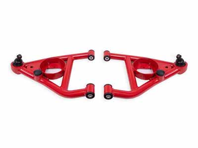 BMR AAL311R Lower A-Arms, Delrin, Std Ball Joint, Front Bump Stops, Red, 67-69 F-Body, 68-74 X-Body / BMR AAL311R Lower A-Arms with Delrin Bushings